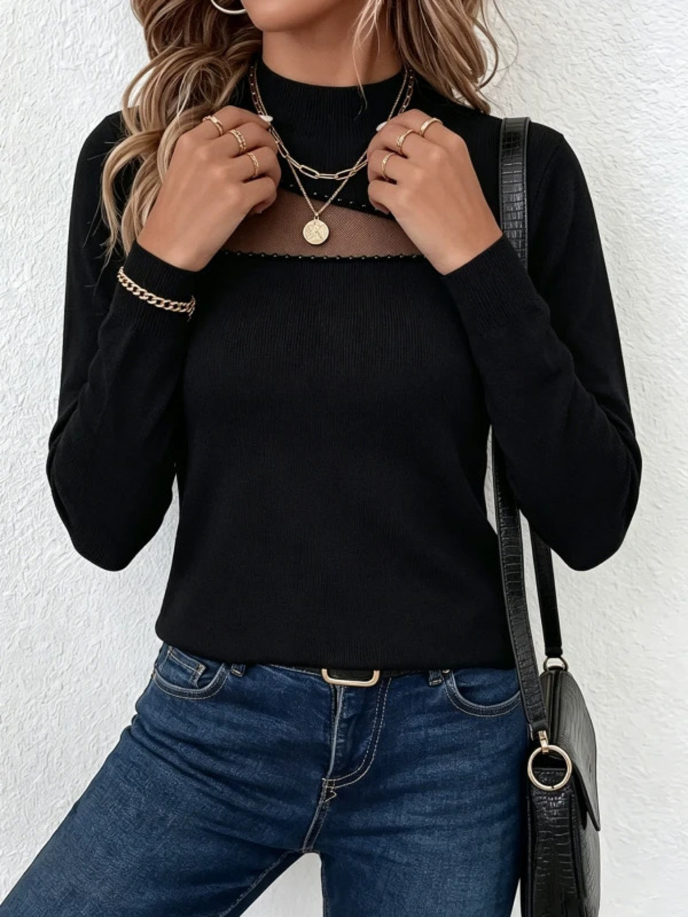 ZARA Womens Long Sleeve Knit Top Triangle Cutout Pearl Accent Mockneck Slimfit